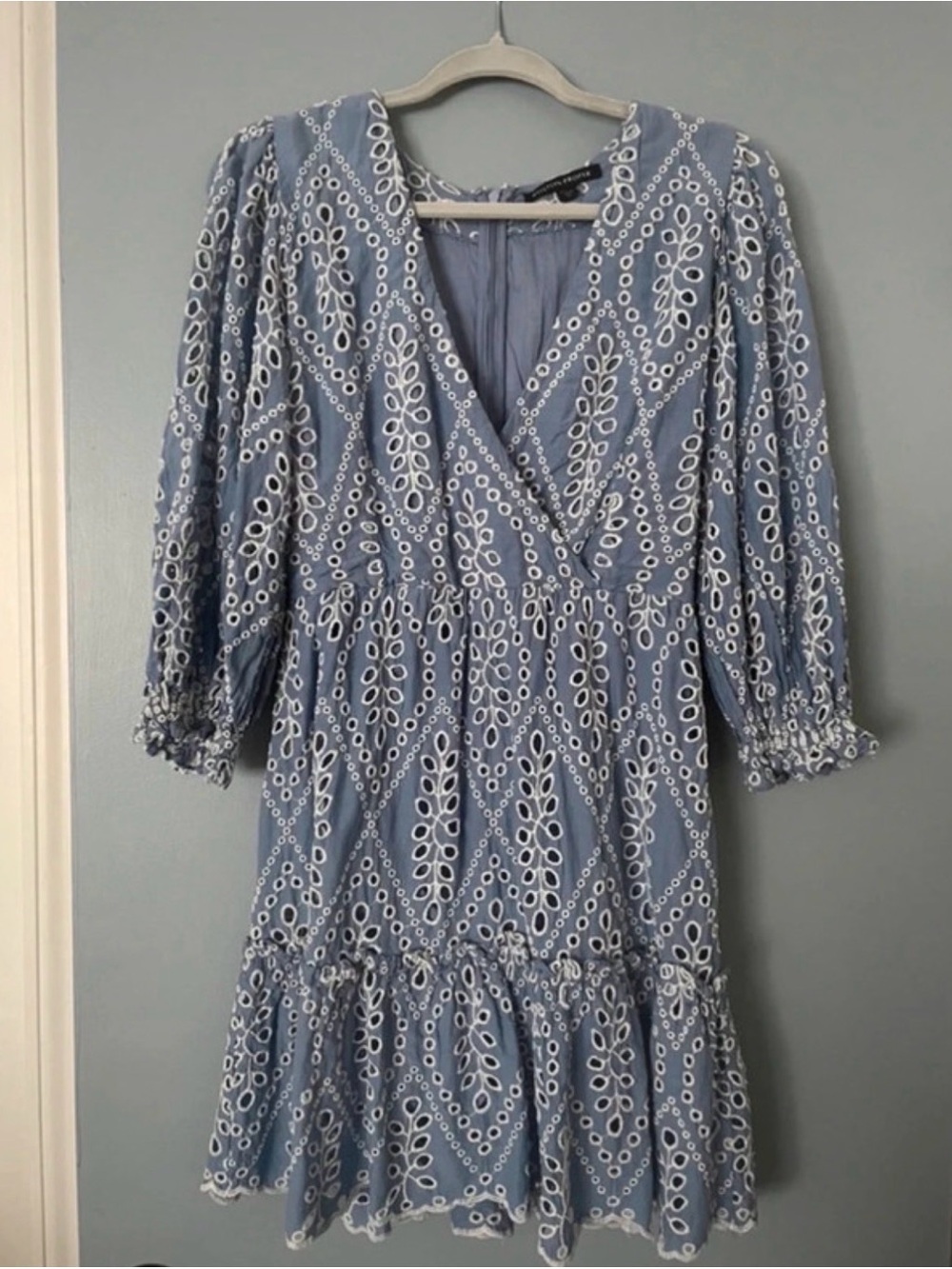 Boston Proper Powder Blue Eyelet faux Wrap Midi Dress Sz 10